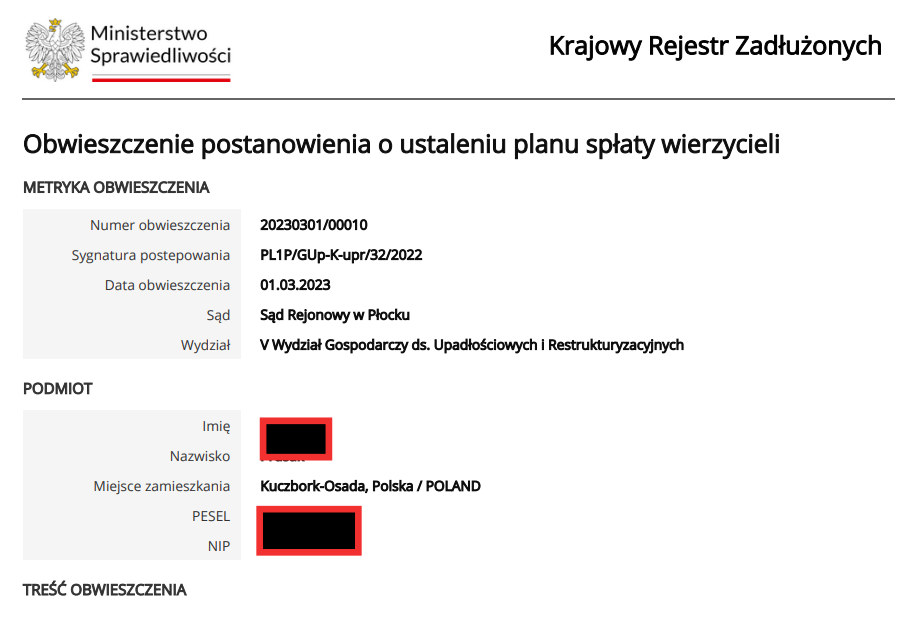 Umorzenie długów przez Sąd w Płocku