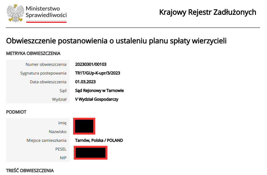 Umorzenie długów przez Sąd w Tarnowie